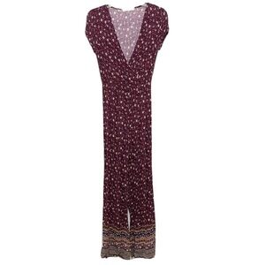 Rewind Burgundy Floral Wrap Top Short Sleeve Pants Jumpsuit size Extra Small